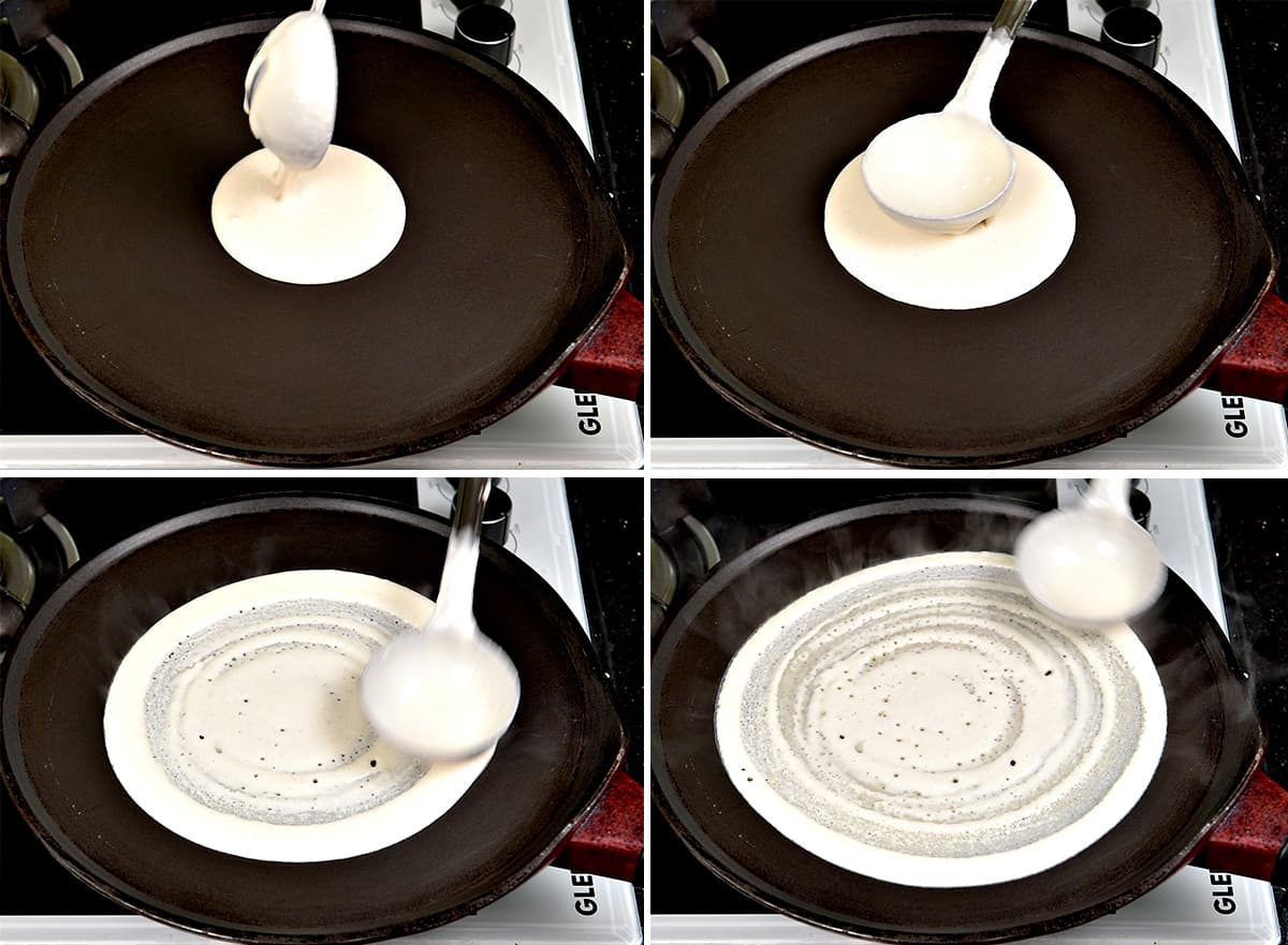 four step collage showing pouring and spreading of a ladle full dosa batter on hot griddle.