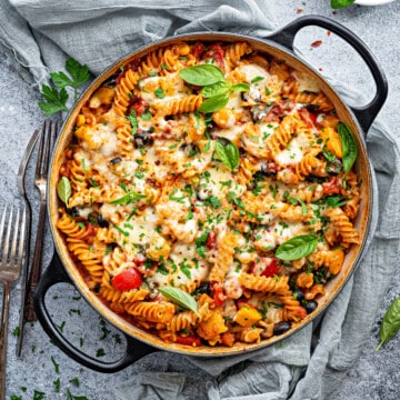 Mixed vegetable pasta in a dutch oven pot.