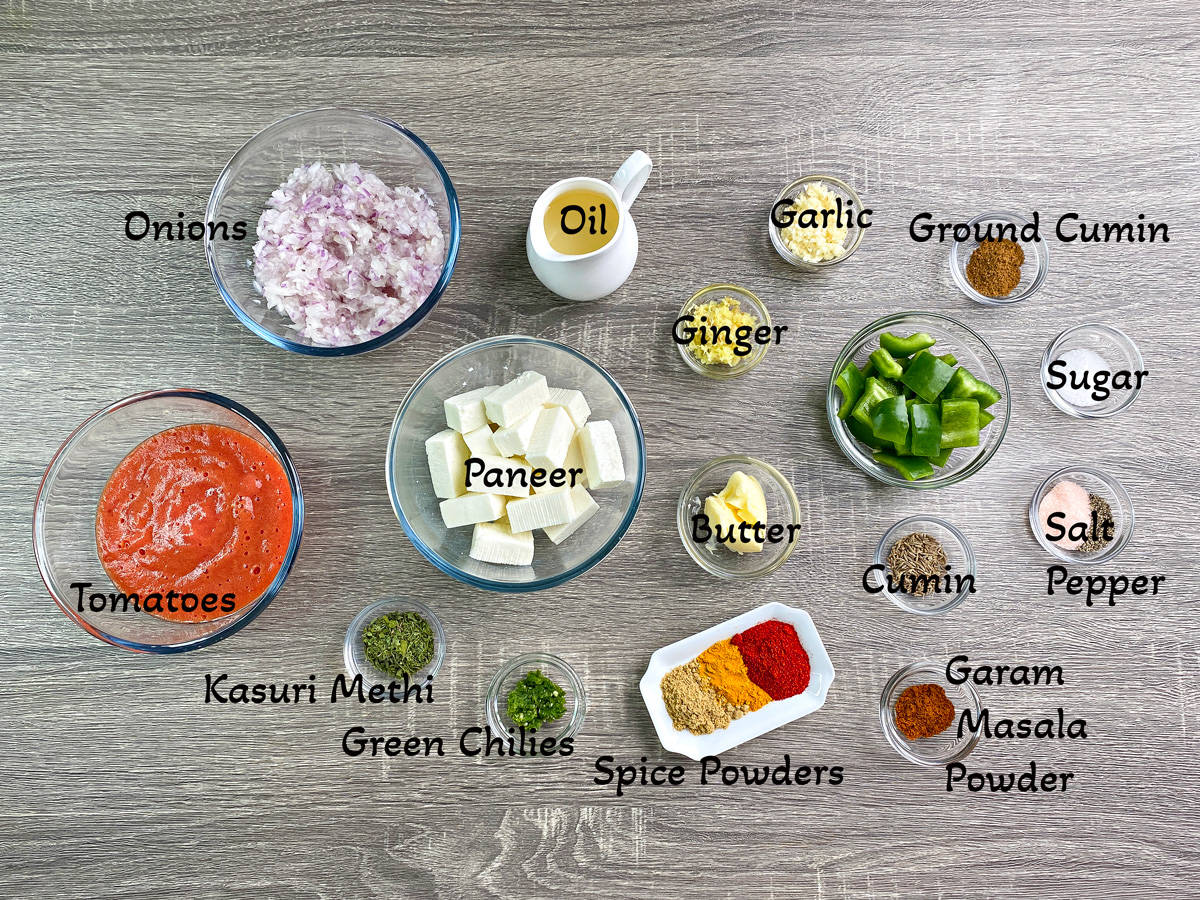 Tawa paneer recipe Ingredients in individual glass bowls.
