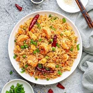 White bowl of Chinese shrimp fried rice.