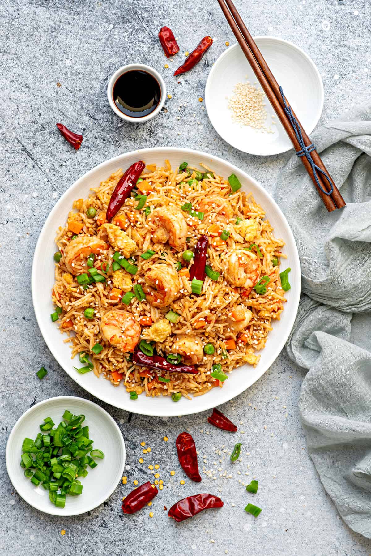 White bowlful of Chinese shrimp fried rice.