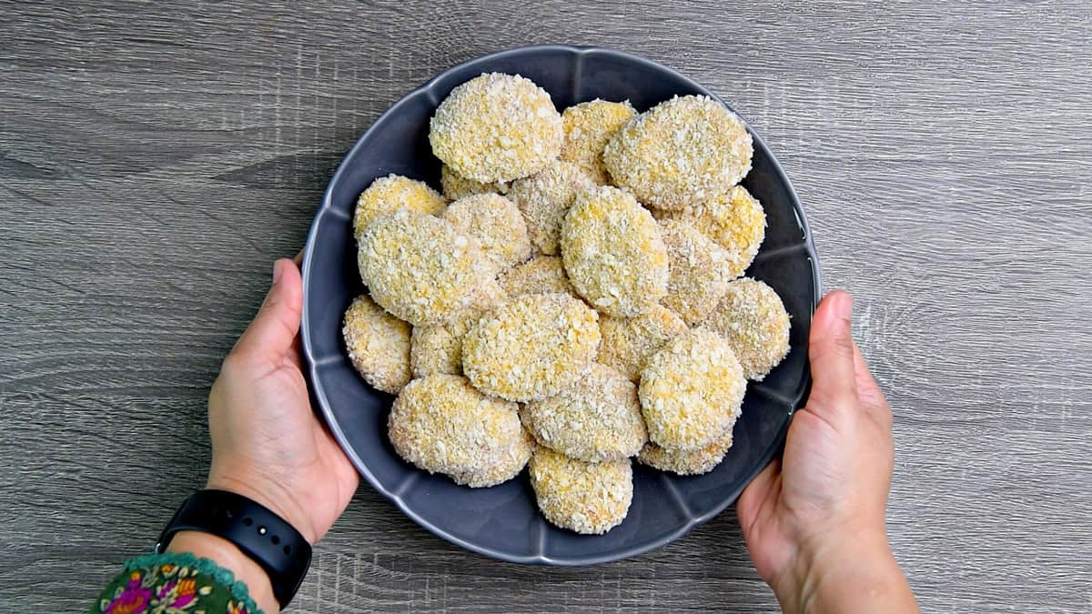 A plate of coated nuggets.