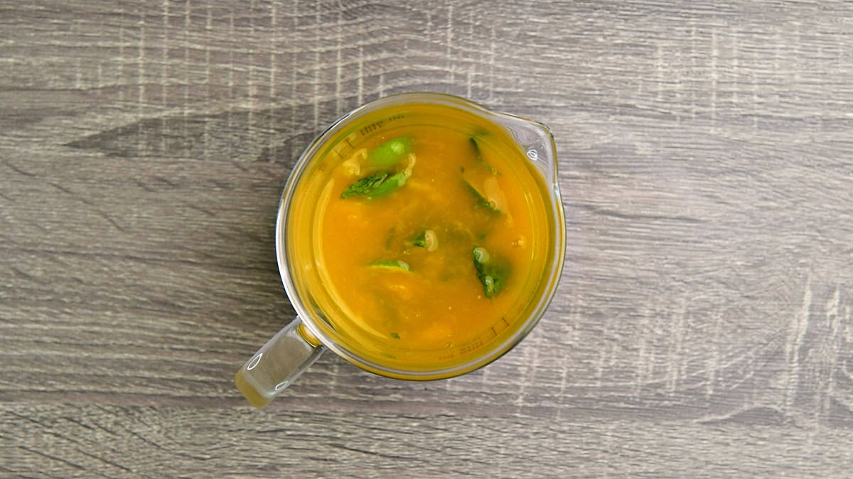 Muddled mango mixture topped with mango juice, and ginger simple syrup.