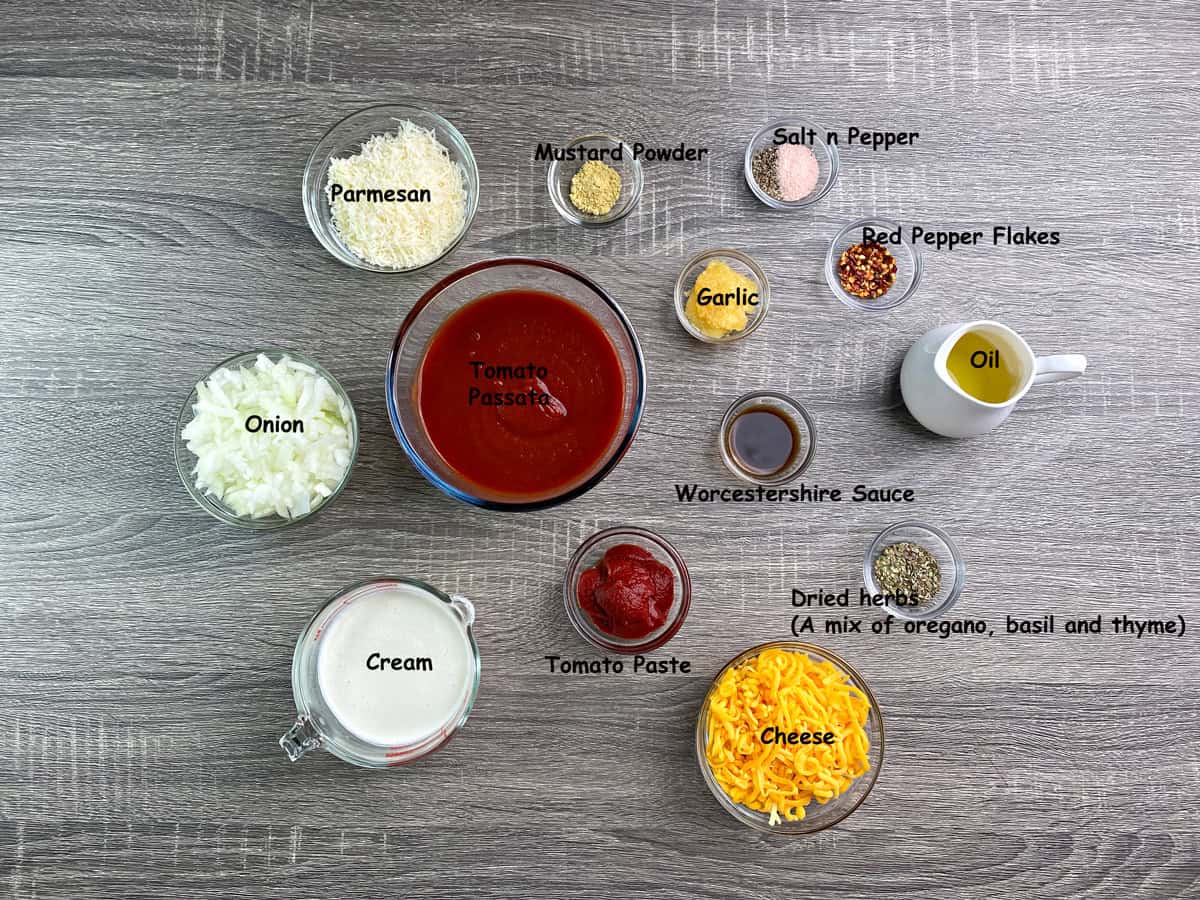 Recipe ingredients: Top down view of ingredients in individual small glass dishes.