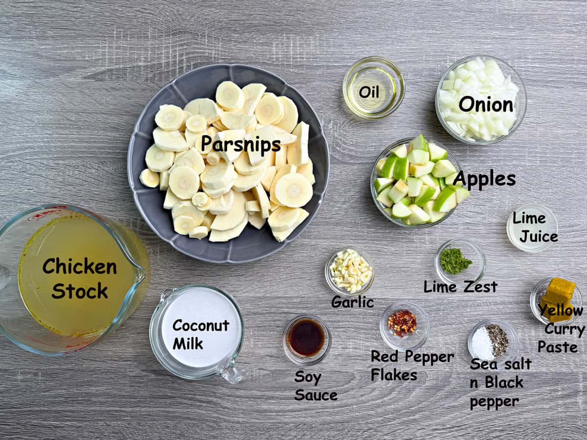 Top-down view of recipe ingredients placed in the individual glass bowls.