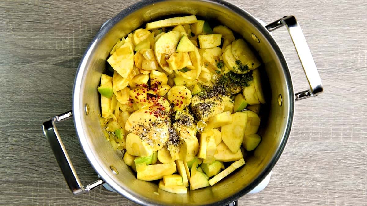 Soy sauce, grated lime zest, red pepper flakes, sea salt and crushed black pepper added to the pot.