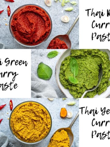 Top-down view of 3 different Thai curry pastes, red, green, and yellow, with lemongrass, chilies, basil leaves, and turmeric in the background.