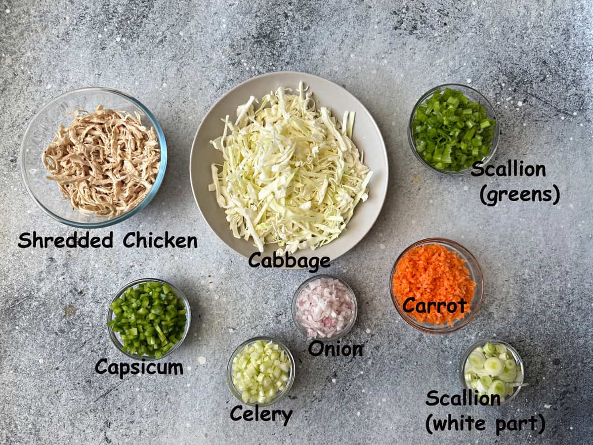 Filling ingredients for the rolls that include shredded chicken, scallions, carrots, onions, celery, and capsicum.