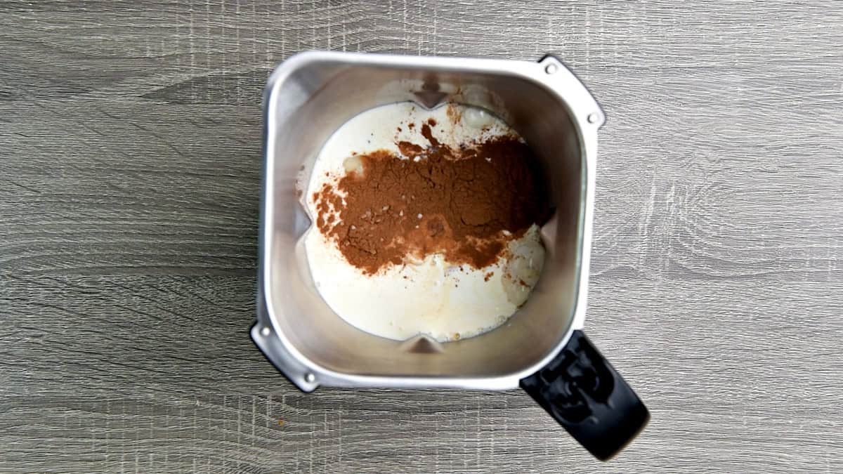 Milk, cream, brown sugar, ground cinnamon, vanilla extract, and seas salt added to that blender jar with eggs to blend for the creamy custard base.