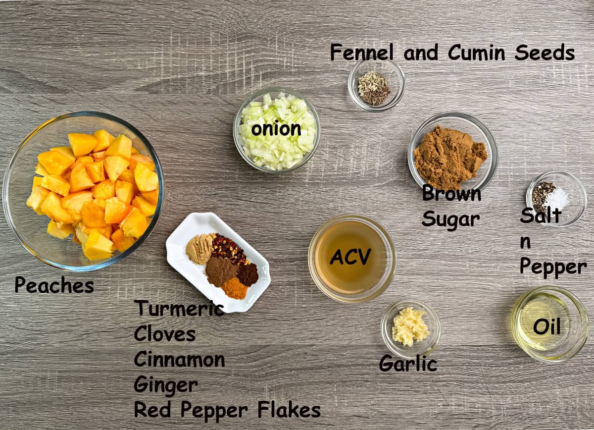 Ingredients for chutney that are in bowls include peaches, onion, brown sugar, oil, salt, pepper, and spices.