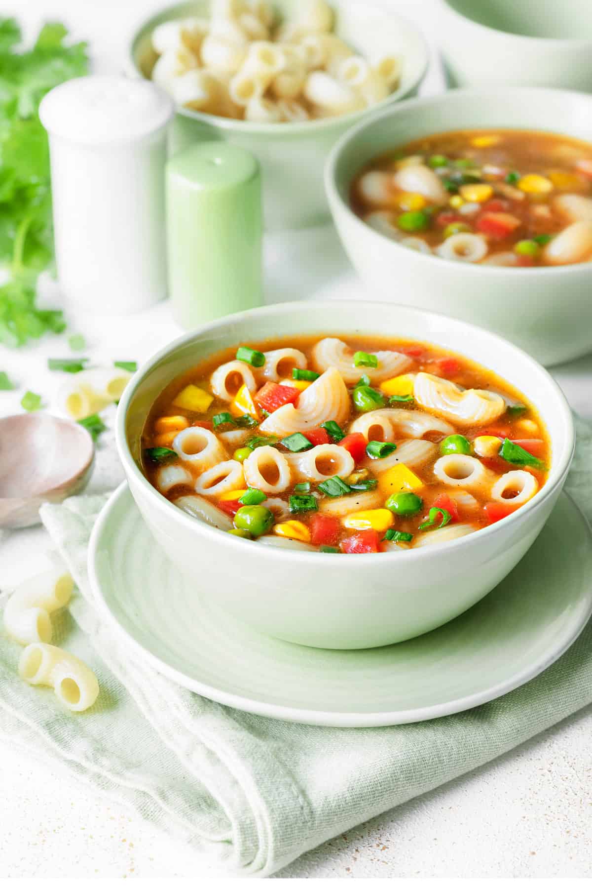 Side view of tomato macaroni soup with vegetables in a bowl.